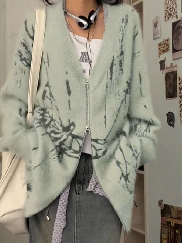 Print V Neck Zip Up Loose Cardigan