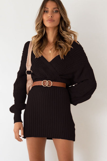 Cable Knit Wrap Front V-Neck Balloon Sleeve Ribbed Mini Sweater Dress