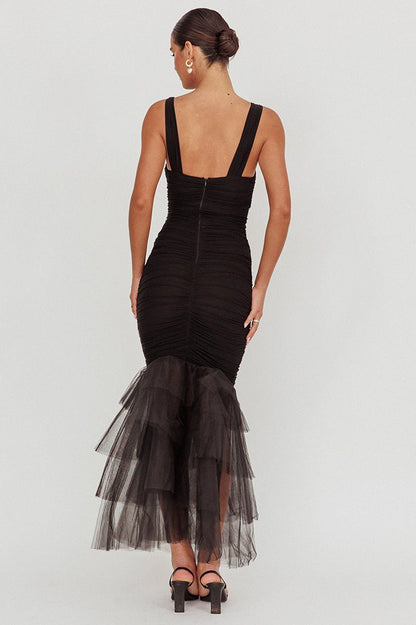 Mesh Insert Sexy Spaghetti Strap Ruched Prom Dress