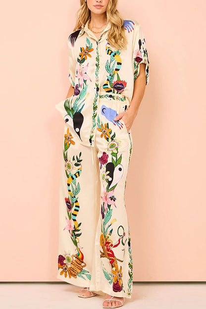 Modern Sophisticated Feel Satin Unique Print Button Down Oversized Blouse