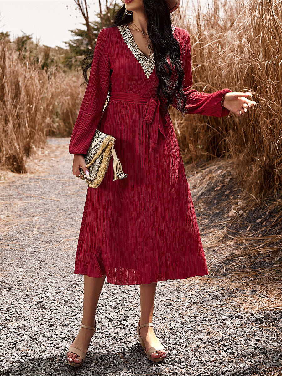 Bohemian Dress V-Neck Lantern Sleeves Belted Midi Dresses