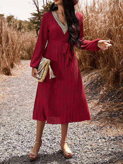 Bohemian Dress V-Neck Lantern Sleeves Belted Midi Dresses
