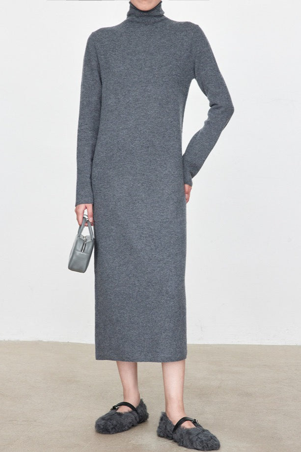 Turtleneck Long Sleeve Column Belted Knit Maxi Dress