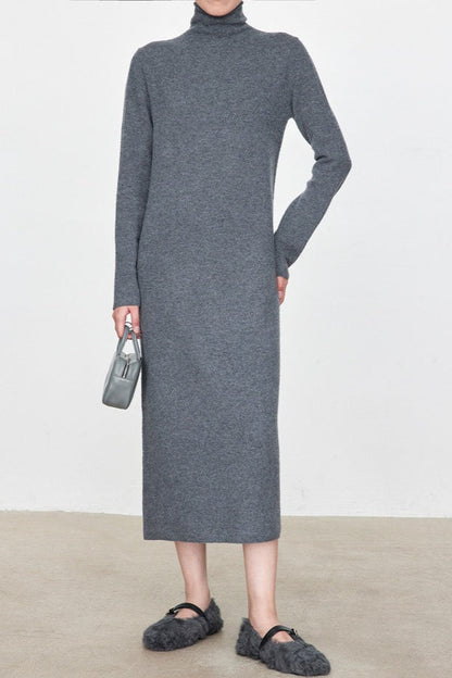 Turtleneck Long Sleeve Column Belted Knit Maxi Dress