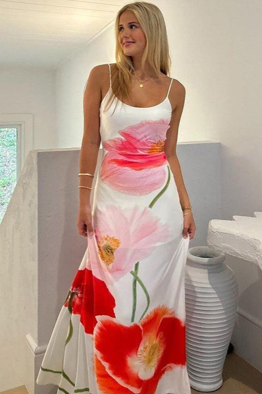 Scoop Neck Spaghetti Strap Oversized Poppy Floral Print Maxi Dress