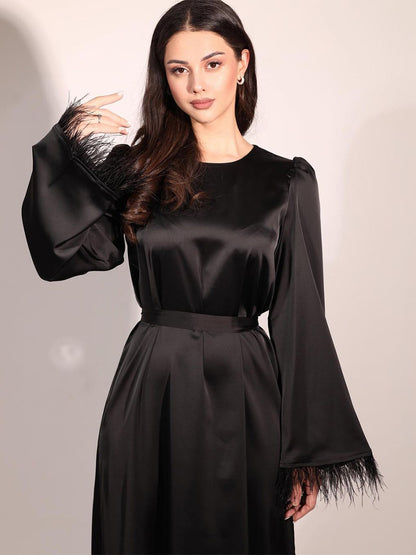 Satin Long Dress Feather Sleeves Belted Classic Party Maxi Dresses