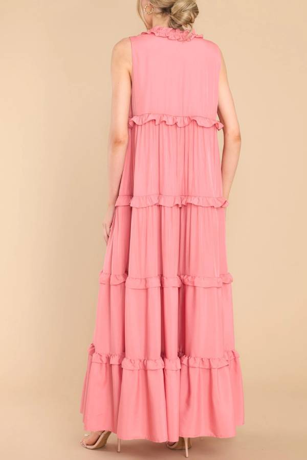 Ruffle Collar V-Neck Tie Strap Tiered Floor-Length Maxi Dress