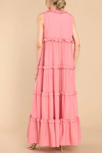 Ruffle Collar V-Neck Tie Strap Tiered Floor-Length Maxi Dress