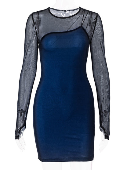 TARUXY Lace Splice Mini Dress For Women Sexy Mesh Long Sleeve O Neck Sheath Dresses Femme Holiday Elegant Slim Dress Womens 2024
