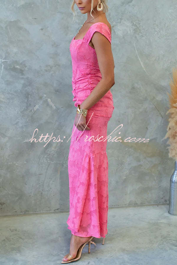 Unreal Beauty Floral Textured Material Ruched Fishtail Maxi Dress