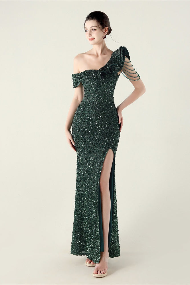 Draped One Shoulder Ruffle Formal Dress