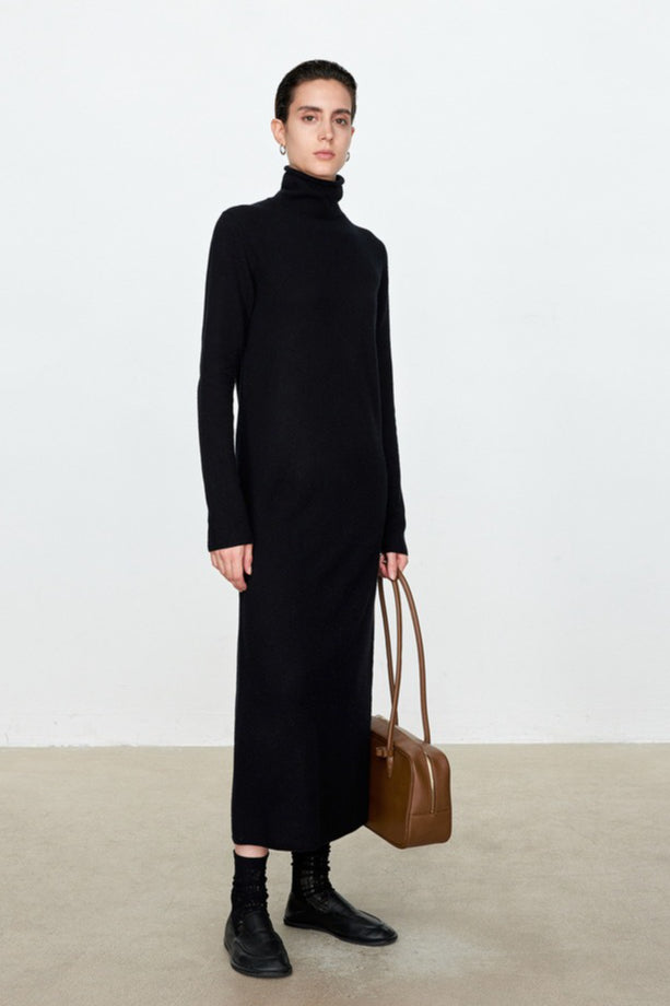 Turtleneck Long Sleeve Column Belted Knit Maxi Dress