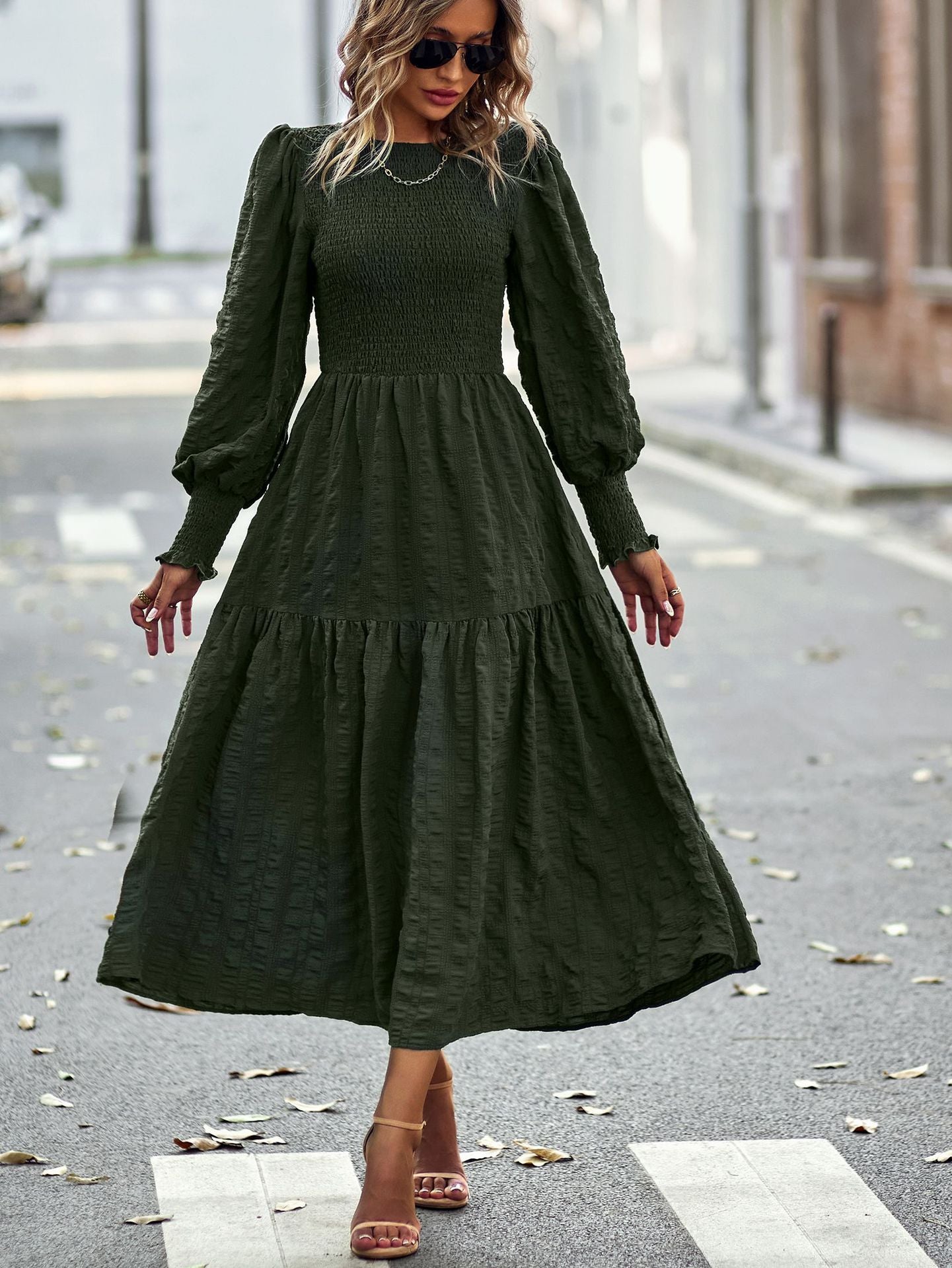 Pleated Midi Dress Lantern Sleeves Cuffs Layering Day Dresses