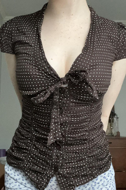 Button Tie Waist Dot Print Blouse