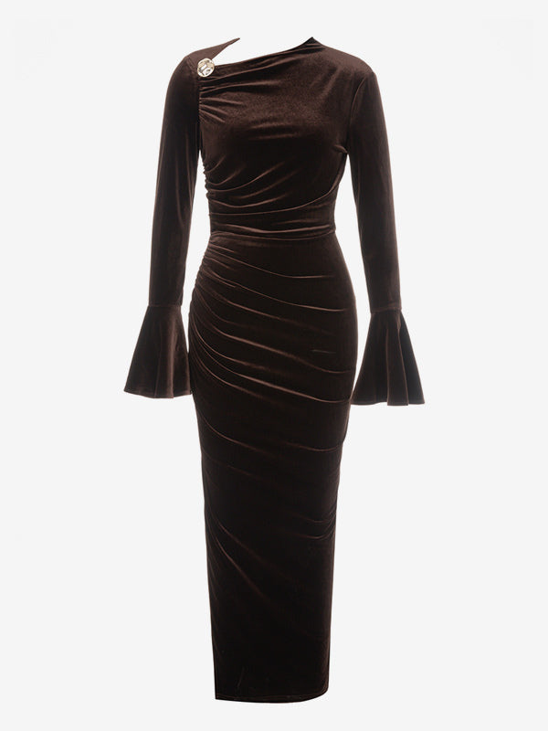Velvet Dress Chocolate Irregular Split Front Party Long Sleeves Notched Neckline Winter Midi Dress