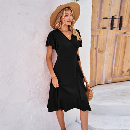 V-Neck Short Sleeve Irregular Midi Dress in Various Colors