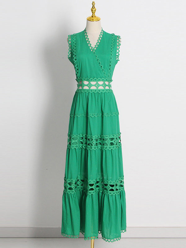 A-Line Dress Cutout Surplice Neck Sleeveless Summer Casual Midi Dresses