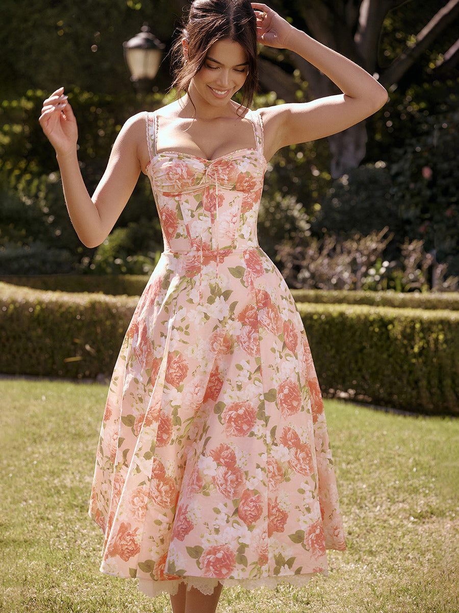 Corset Dress Floral Wide Strap Backless Trendy Brunch Party Midi Dresses