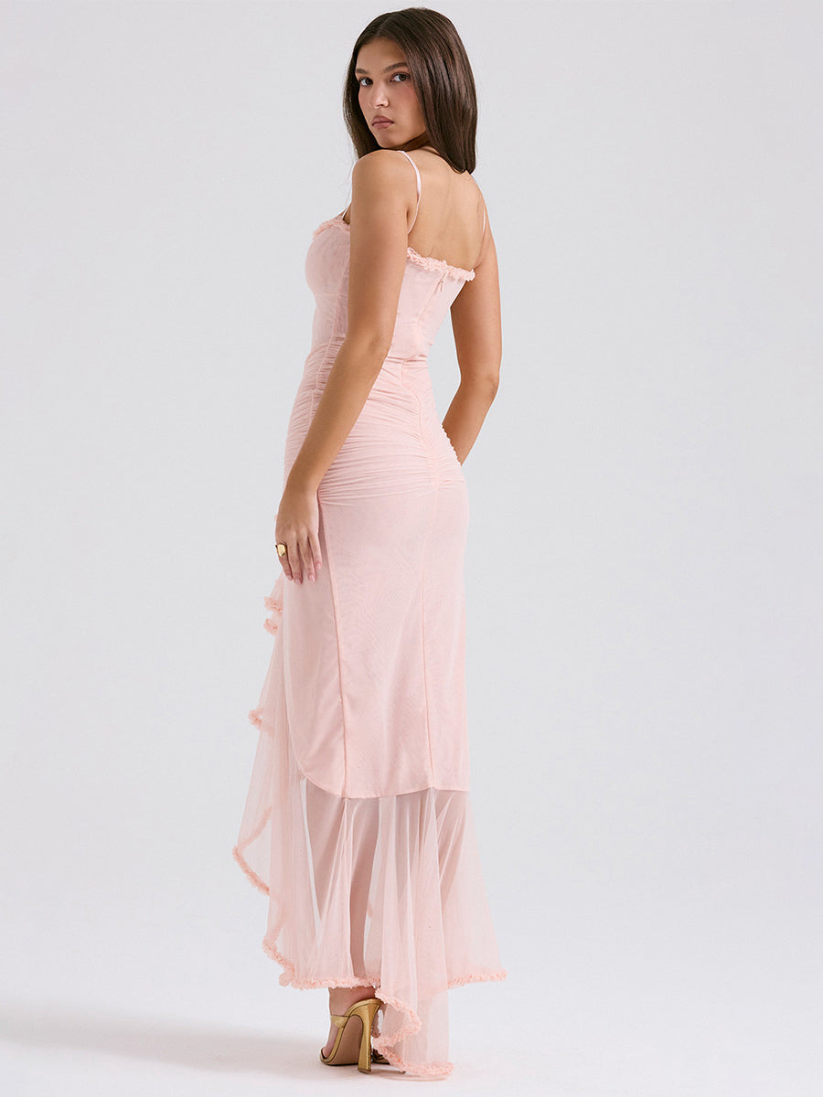 Pink Dress High-Low Cutout Spaghetti Strap Pleated Sexy Party Midi Dresses