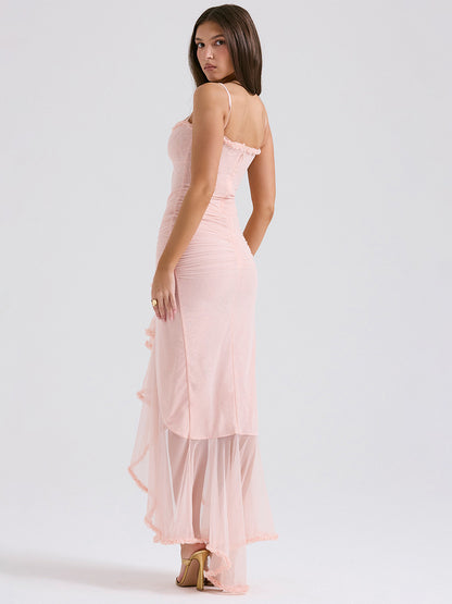 Pink Dress High-Low Cutout Spaghetti Strap Pleated Sexy Party Midi Dresses