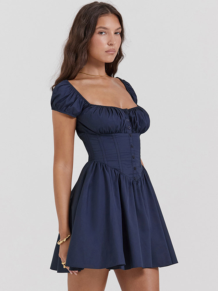Short Dress Pleated Square Neck Puff Sleeves Graduation Party Mini Dresses