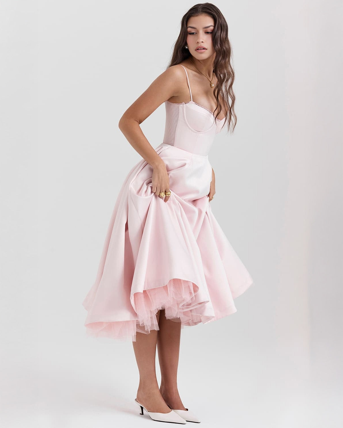 Bustier Spaghetti Strap Lace Trim Pleated Fit and Flare Midi Dress