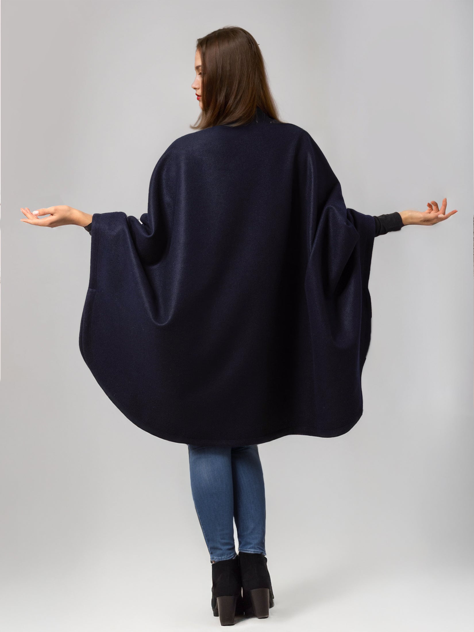 Wool Blend Cape Coat Dark Navy Lapel Oversized Poncho Winter Outerwear For Women 2026