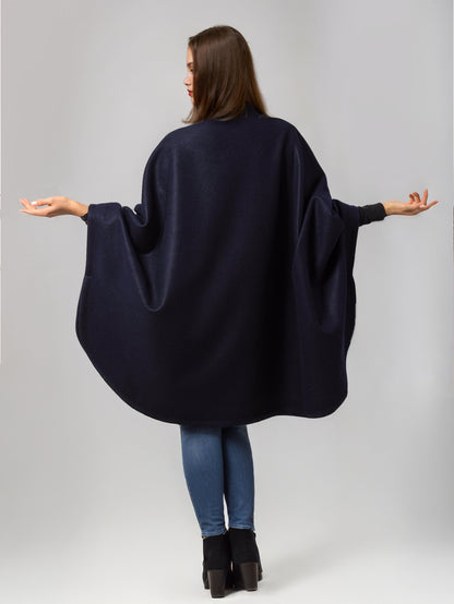 Wool Blend Cape Coat Dark Navy Lapel Oversized Poncho Winter Outerwear For Women 2026