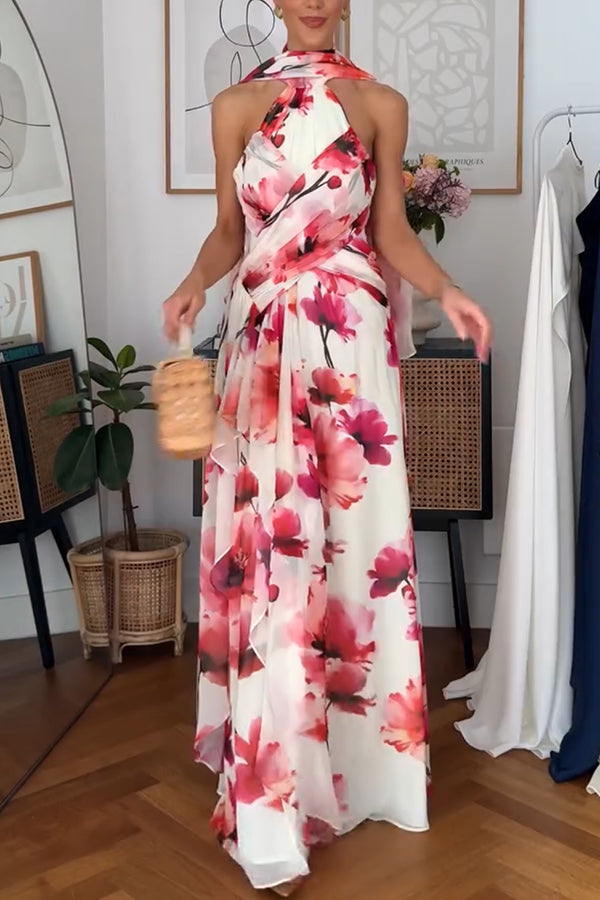 Blooming Petals Chiffon Floral Print Crinkle Cross Front Drape Ruffles Scarf Maxi Dress