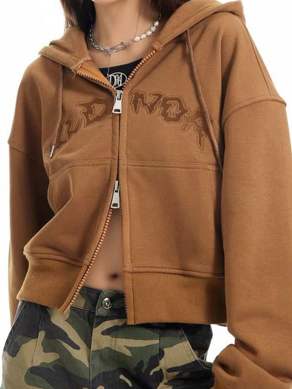 Letter Embroidery Double Zipper Short Oversized Hoodie