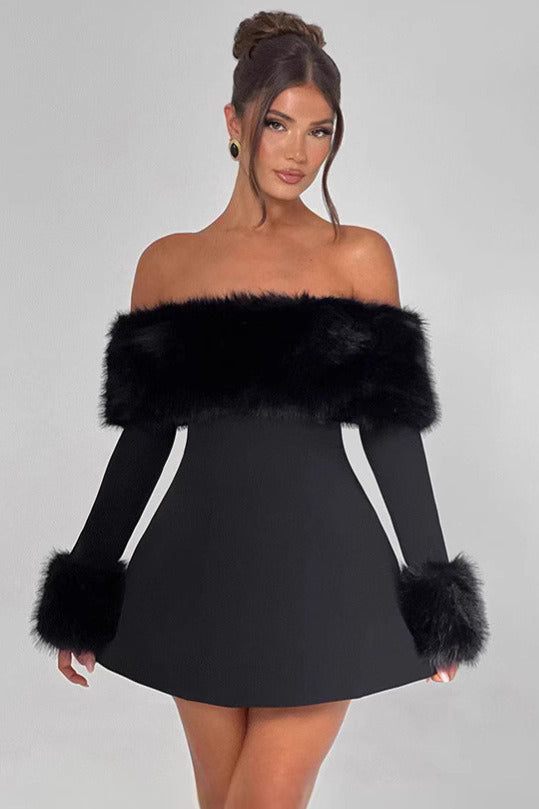Faux Fur Trim Off Shoulder Long Sleeve A-Line Mini Dress