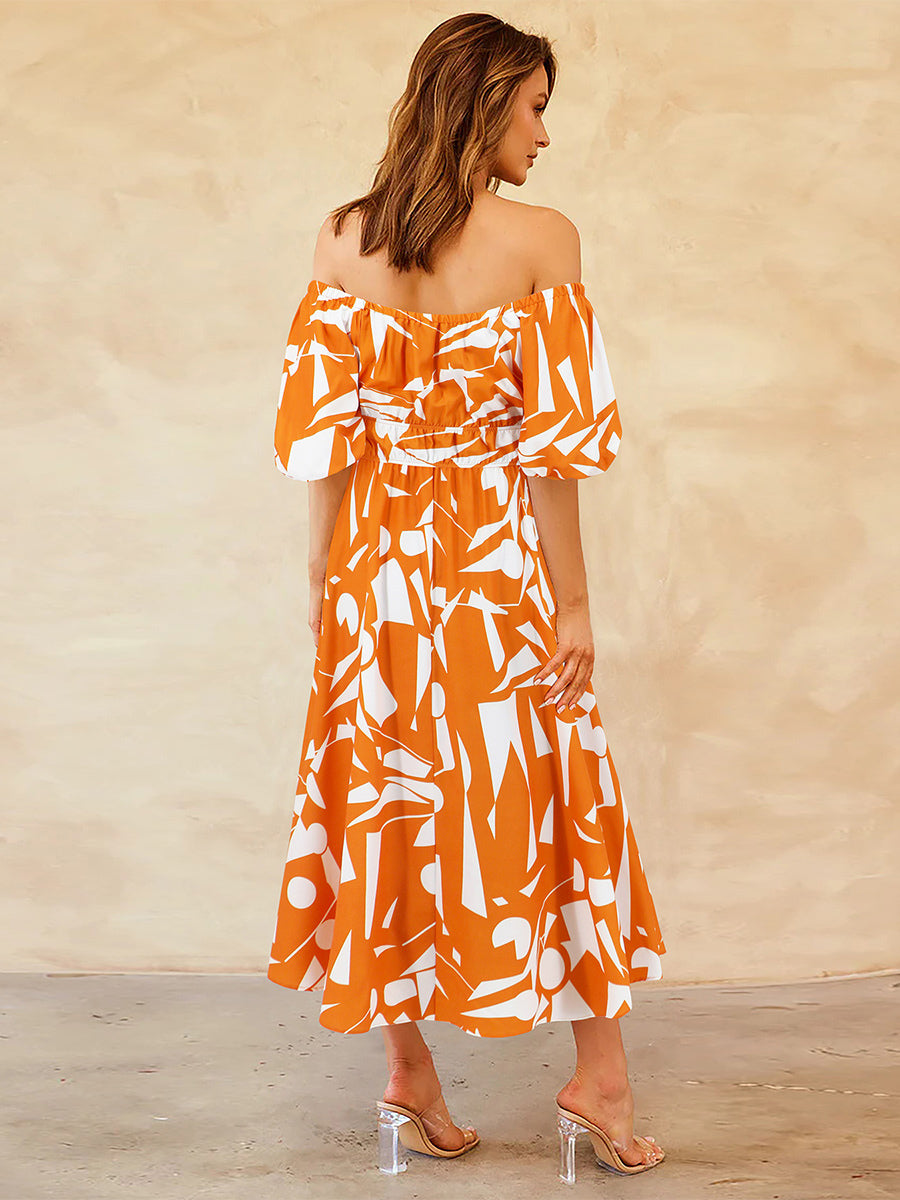Floral Dress Off The Shoulder Puff Sleeves Casual Summer Midi Dresses