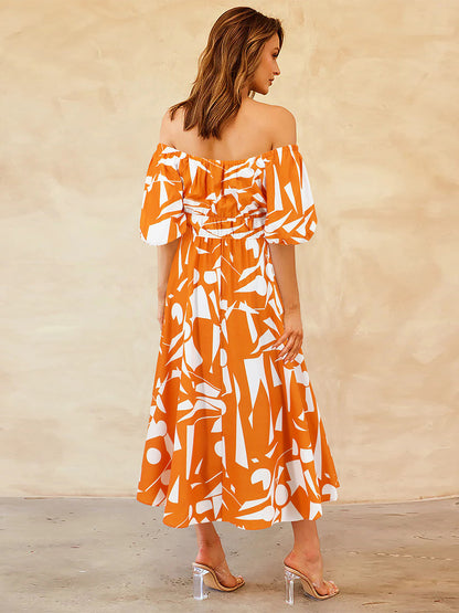 Floral Dress Off The Shoulder Puff Sleeves Casual Summer Midi Dresses