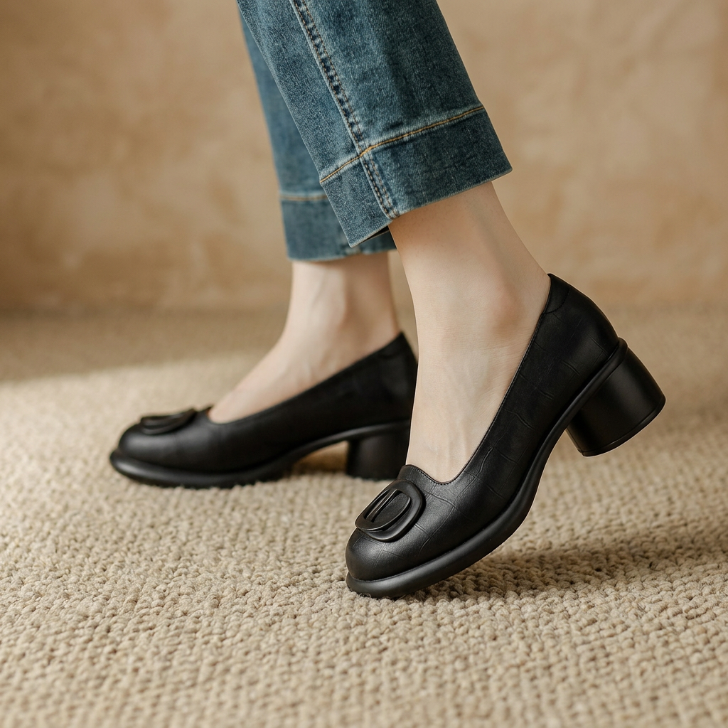 Women's Brown Closed-Toe Leather Shoes With Block Heels – Stylish Comfortable Footwear