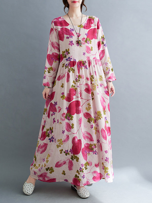 Long Sleeves Loose Flower Print Split-Joint Round-Neck Midi Dresses
