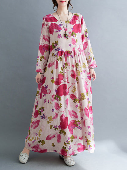Long Sleeves Loose Flower Print Split-Joint Round-Neck Midi Dresses