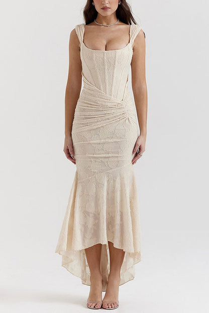 Sleeveless Ruched Waist Ruffle Hem Jacquard Maxi Dress