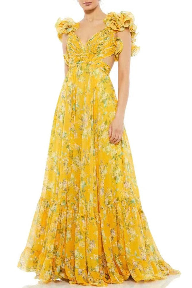 Floral V-Neck Cut-Out Backless Ruffle Hem Maxi Dress Yellow