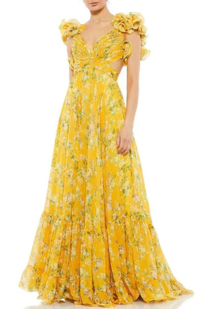 Floral V-Neck Cut-Out Backless Ruffle Hem Maxi Dress Yellow