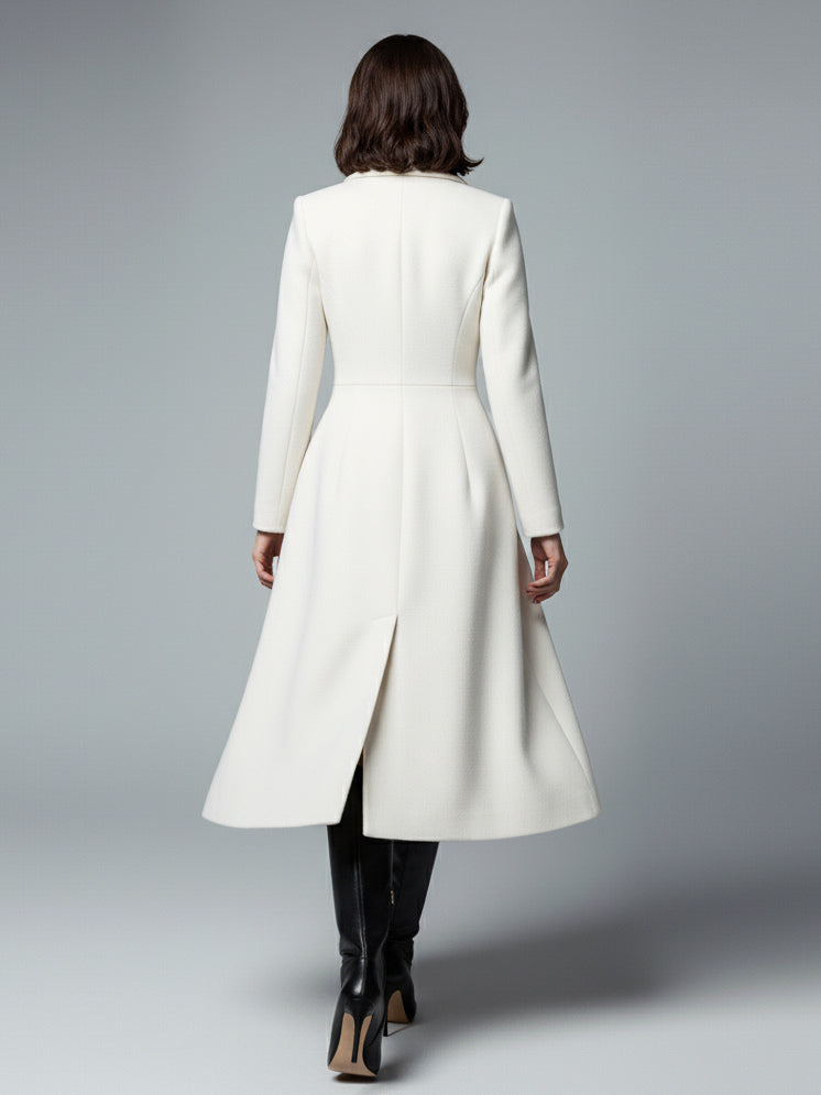 White Woolen Double-Breasted Midi Coat With Sharp Lapel And X-Line For Women 2026