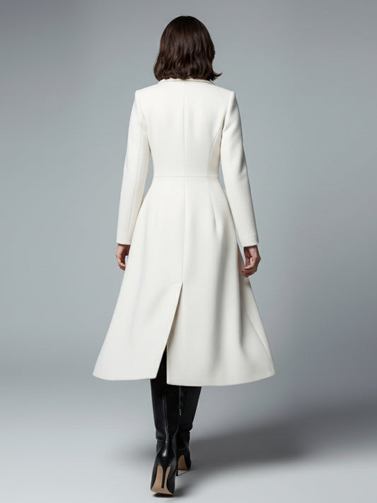 White Woolen Double-Breasted Midi Coat With Sharp Lapel And X-Line For Women 2026