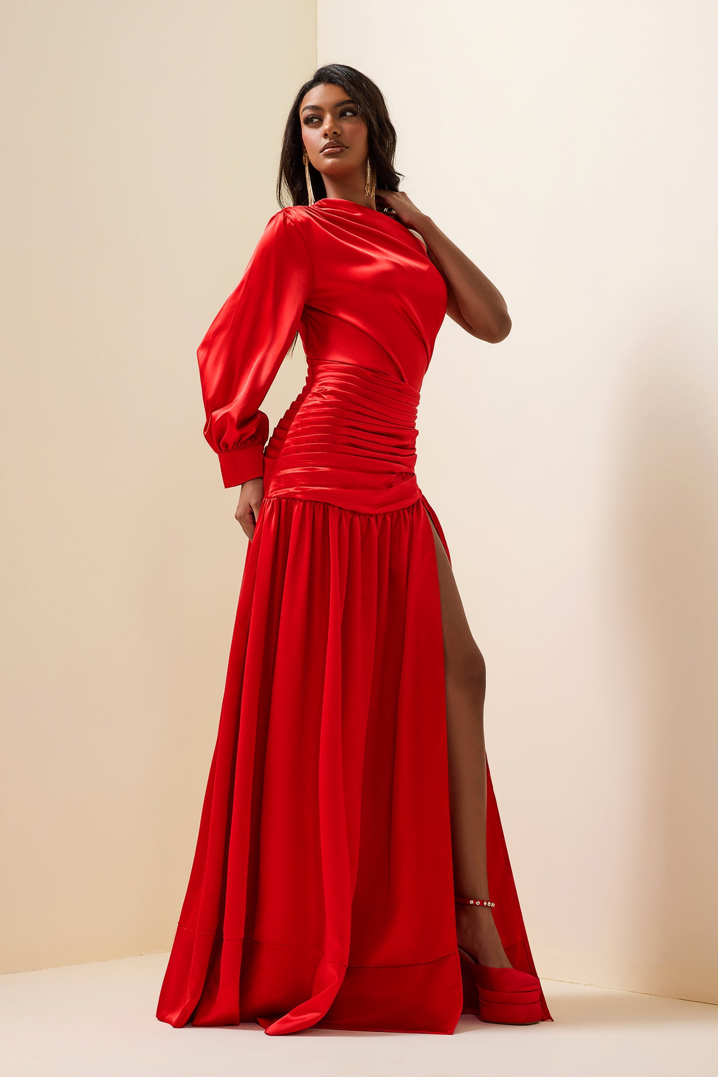 Satin Pleat One-Shoulder Long Sleeve Maxi Dress