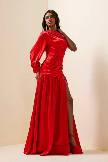 Satin Pleat One-Shoulder Long Sleeve Maxi Dress