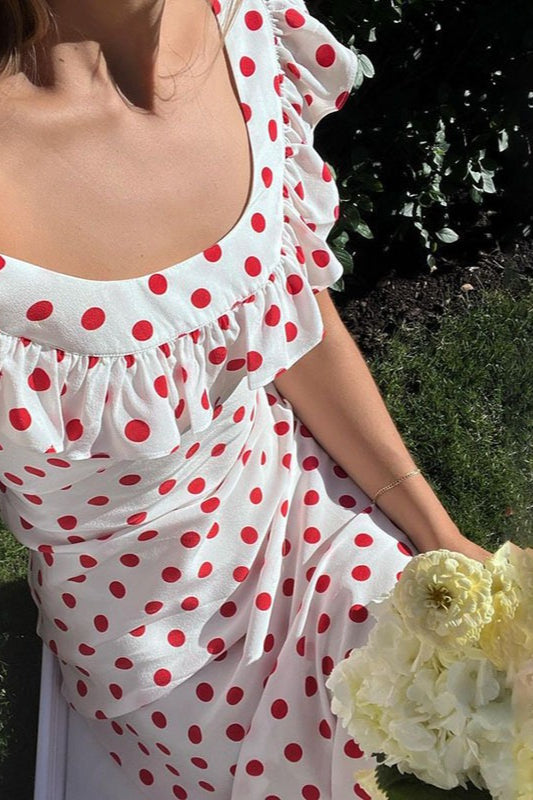 Polka Dot Off-Shoulder Ruffle Neckline Fitted Waist Flowy Maxi Dress