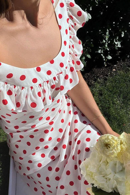 Polka Dot Off-Shoulder Ruffle Neckline Fitted Waist Flowy Maxi Dress