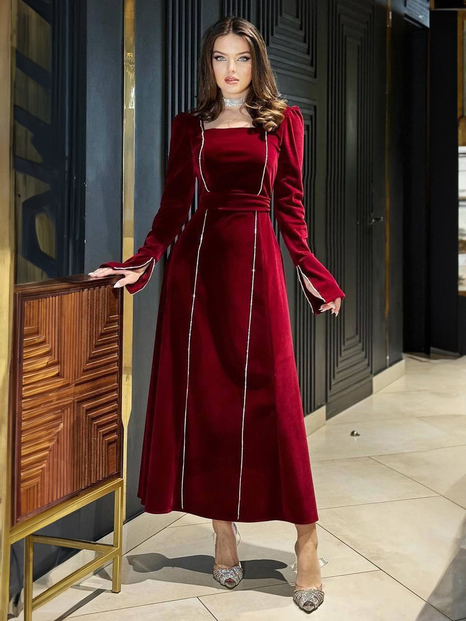 Velvet Piping Dress Square Neck Long Sleeves Slit Prom Maxi Dresses