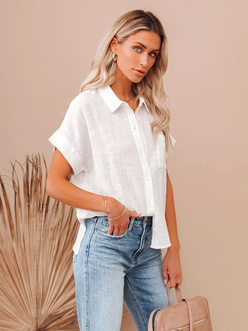 Shirt For Women Black Turndown Collar Casual Buttons Short Sleeves Tops