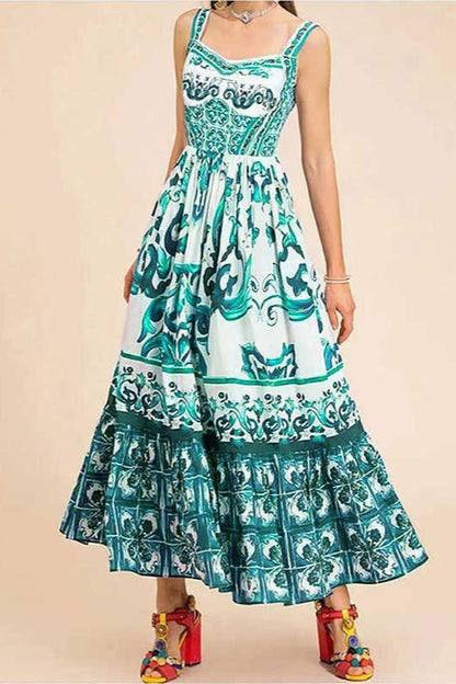 Mediterranean Print Sweetheart Neck Tiered Flounce Hem Maxi Dress