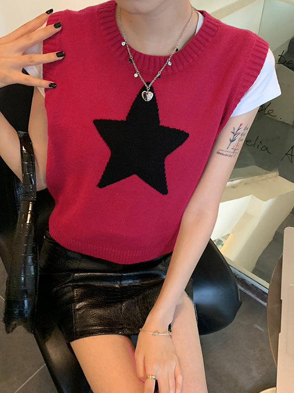 Star Jacquard Crew Neck Cropped Sweater Vest