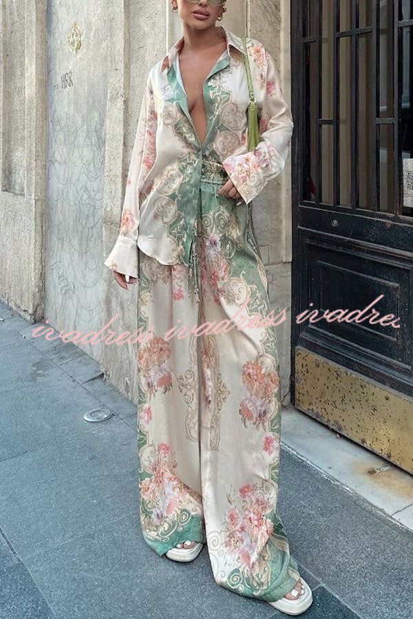 Antibes Satin Court Unique Printed Long Sleeve Loose Shirt and Elastic Waist Pants Set